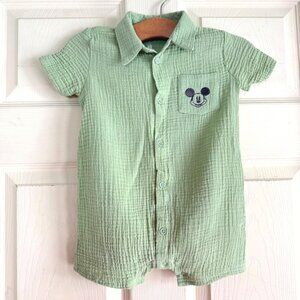 size 18m Disney baby boy green gauze-like one piece outfit Mickey Mouse pocket